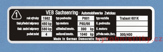 Výrobní štítek TRABANT P601K